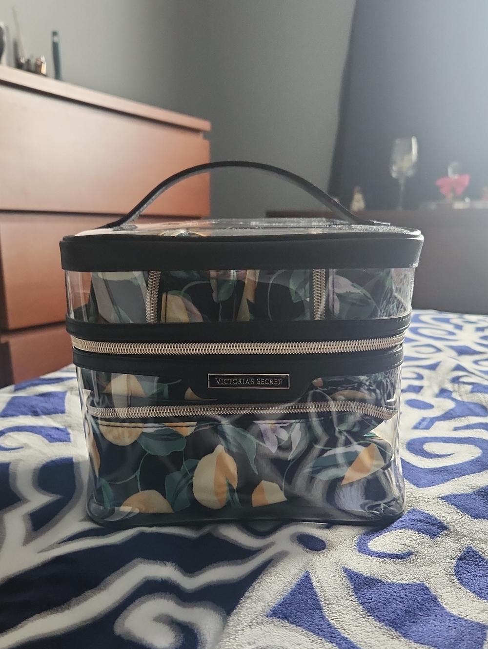 Victoria's Secret Clear Floral Cosmetic Case - Black Trim with Yellow Accents